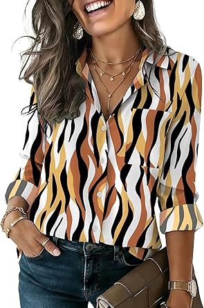 Womens Button Down Shirt Long Sleeve Blouse Business Work Tops Dressy Casual Floral Printed Outfits with Pocket