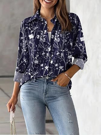 Womens Button Down Shirt Long Sleeve Blouse Business Work Tops Dressy Casual Floral Printed Outfits with Pocket