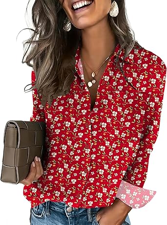 Womens Button Down Shirt Long Sleeve Blouse Business Work Tops Dressy Casual Floral Printed Outfits with Pocket