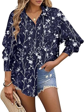 Womens Button Down Shirt Long Sleeve Blouse Business Work Tops Dressy Casual Floral Printed Outfits with Pocket