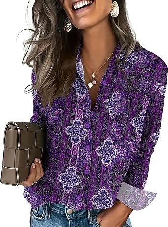 Womens Button Down Shirt Long Sleeve Blouse Business Work Tops Dressy Casual Floral Printed Outfits with Pocket