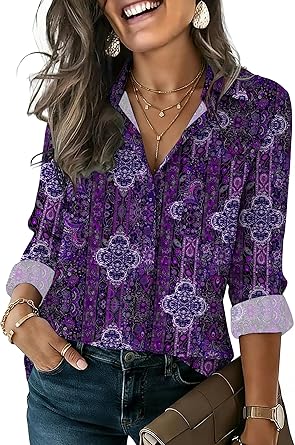 Womens Button Down Shirt Long Sleeve Blouse Business Work Tops Dressy Casual Floral Printed Outfits with Pocket