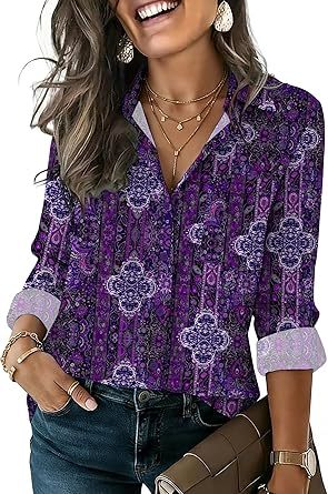 Womens Button Down Shirt Long Sleeve Blouse Business Work Tops Dressy Casual Floral Printed Outfits with Pocket