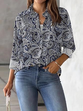 Womens Button Down Shirt Long Sleeve Blouse Business Work Tops Dressy Casual Floral Printed Outfits with Pocket