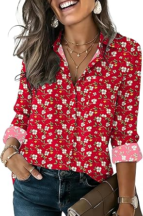 Womens Button Down Shirt Long Sleeve Blouse Business Work Tops Dressy Casual Floral Printed Outfits with Pocket