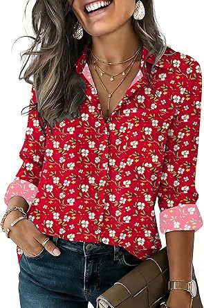 Womens Button Down Shirt Long Sleeve Blouse Business Work Tops Dressy Casual Floral Printed Outfits with Pocket