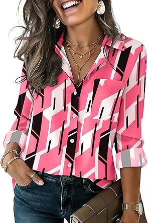 Womens Button Down Shirt Long Sleeve Blouse Business Work Tops Dressy Casual Floral Printed Outfits with Pocket