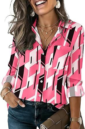 Womens Button Down Shirt Long Sleeve Blouse Business Work Tops Dressy Casual Floral Printed Outfits with Pocket