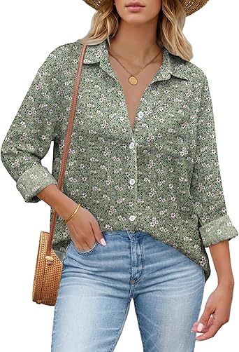 Womens Button Down Shirt Long Sleeve Blouse Business Work Tops Dressy Casual Floral Printed Outfits with Pocket