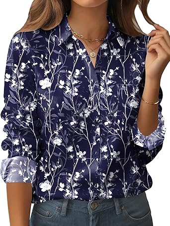 Womens Button Down Shirt Long Sleeve Blouse Business Work Tops Dressy Casual Floral Printed Outfits with Pocket