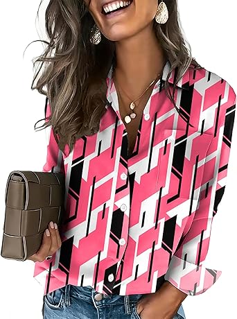 Womens Button Down Shirt Long Sleeve Blouse Business Work Tops Dressy Casual Floral Printed Outfits with Pocket