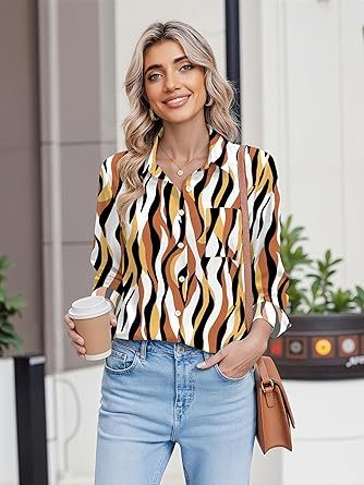 Womens Button Down Shirt Long Sleeve Blouse Business Work Tops Dressy Casual Floral Printed Outfits with Pocket