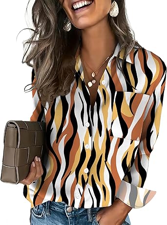 Womens Button Down Shirt Long Sleeve Blouse Business Work Tops Dressy Casual Floral Printed Outfits with Pocket