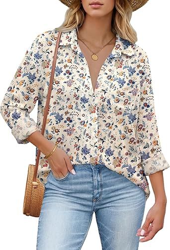 Womens Button Down Shirt Long Sleeve Blouse Business Work Tops Dressy Casual Floral Printed Outfits with Pocket