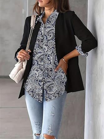 Womens Button Down Shirt Long Sleeve Blouse Business Work Tops Dressy Casual Floral Printed Outfits with Pocket