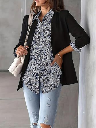 Womens Button Down Shirt Long Sleeve Blouse Business Work Tops Dressy Casual Floral Printed Outfits with Pocket