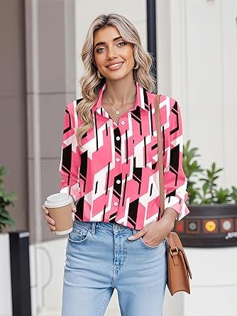 Womens Button Down Shirt Long Sleeve Blouse Business Work Tops Dressy Casual Floral Printed Outfits with Pocket