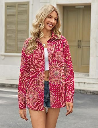 Womens Button Down Shirt Long Sleeve Blouse Business Work Tops Dressy Casual Floral Printed Outfits with Pocket