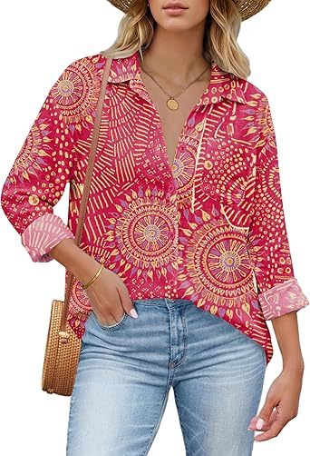 Womens Button Down Shirt Long Sleeve Blouse Business Work Tops Dressy Casual Floral Printed Outfits with Pocket