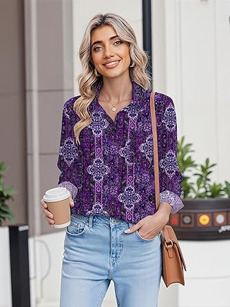 Womens Button Down Shirt Long Sleeve Blouse Business Work Tops Dressy Casual Floral Printed Outfits with Pocket