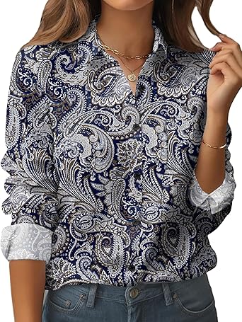 Womens Button Down Shirt Long Sleeve Blouse Business Work Tops Dressy Casual Floral Printed Outfits with Pocket