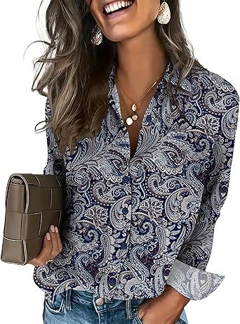 Womens Button Down Shirt Long Sleeve Blouse Business Work Tops Dressy Casual Floral Printed Outfits with Pocket