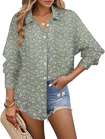 Womens Button Down Shirt Long Sleeve Blouse Business Work Tops Dressy Casual Floral Printed Outfits with Pocket