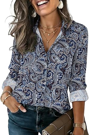 Womens Button Down Shirt Long Sleeve Blouse Business Work Tops Dressy Casual Floral Printed Outfits with Pocket