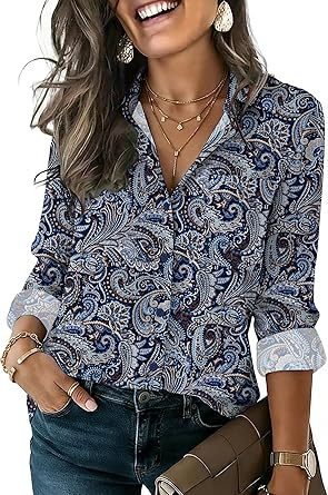 Womens Button Down Shirt Long Sleeve Blouse Business Work Tops Dressy Casual Floral Printed Outfits with Pocket
