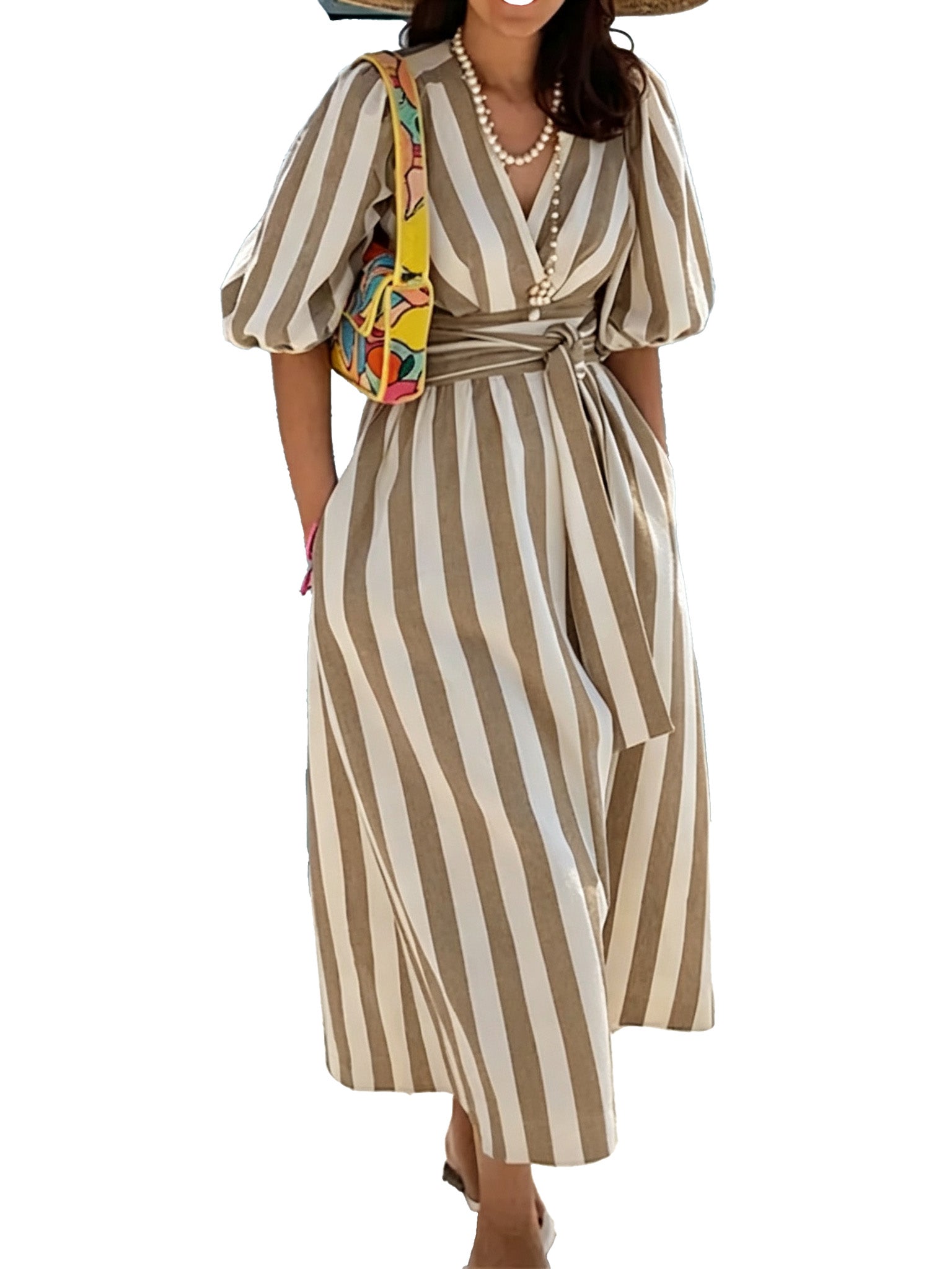 Last Day – 50% Off! 2026 Deep V Neck Puff Sleeve Striped Maxi Dress With Belt