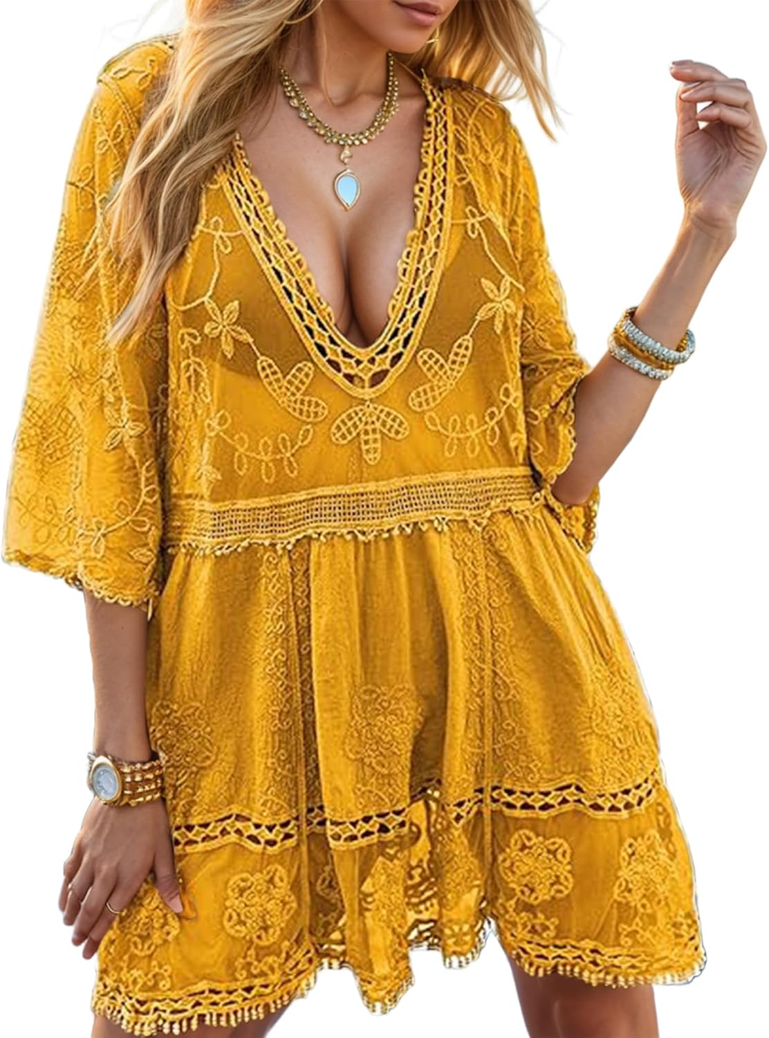 Limited-Time Offer: 50% Off 2026 Women's Floral Embroidery Hollow Out Contrast Lace Sheer Cover Up Dress
