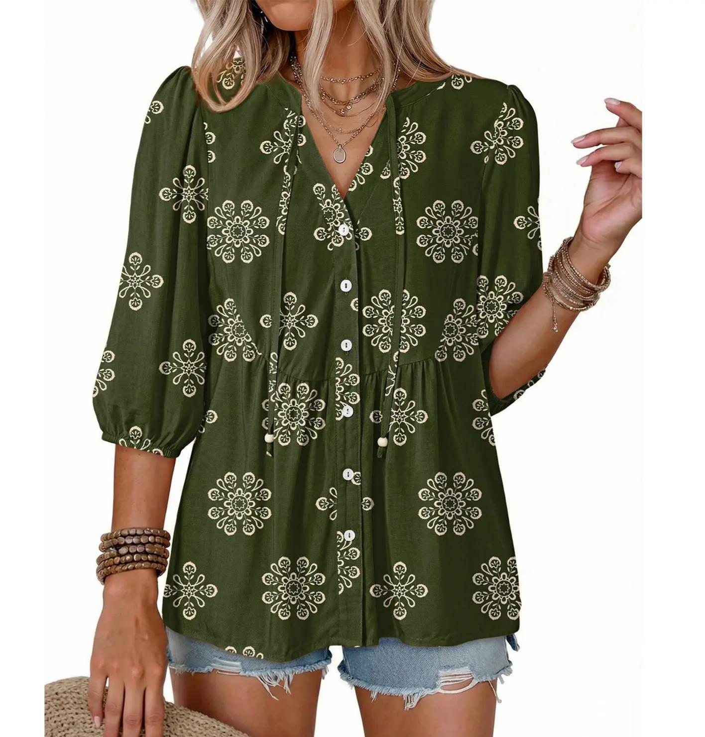 Last Day – 50% Off! 2026 🔥 Women's Boho Floral V-Neck Button-Down Peplum Blouse 