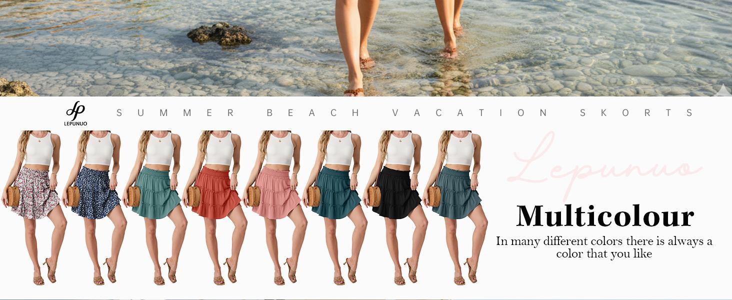Lepunuo Women's Boho Floral Skorts, Flowy Tiered Ruffle Elastic-Waist Bottoms with Built-in Shorts and Pockets, Casual Style