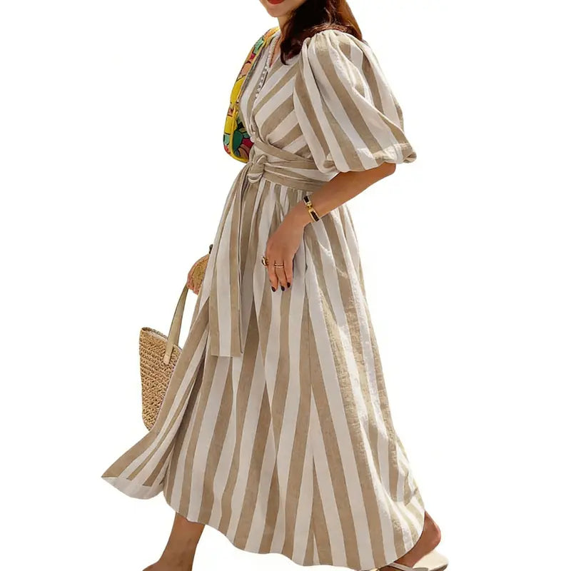 Last Day – 50% Off! 2026 Deep V Neck Puff Sleeve Striped Maxi Dress With Belt