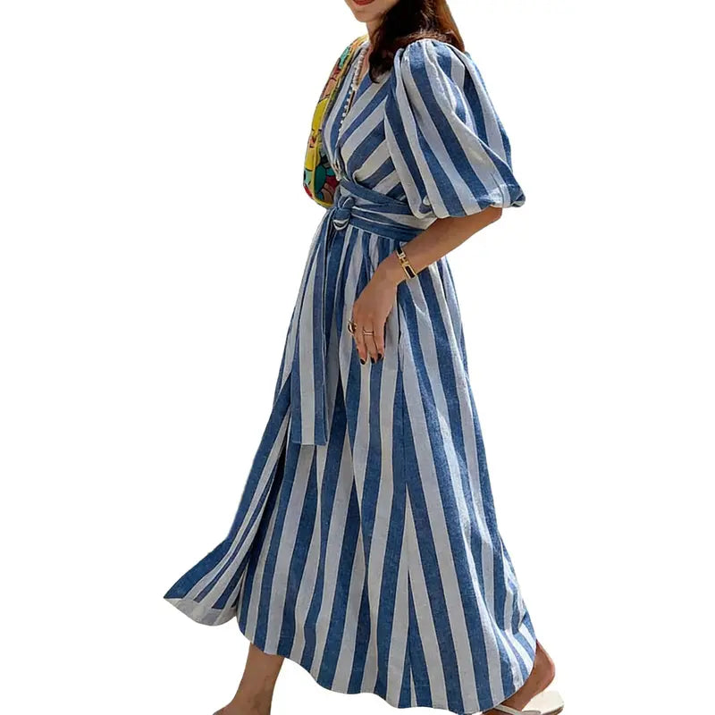 Last Day – 50% Off! 2026 Deep V Neck Puff Sleeve Striped Maxi Dress With Belt