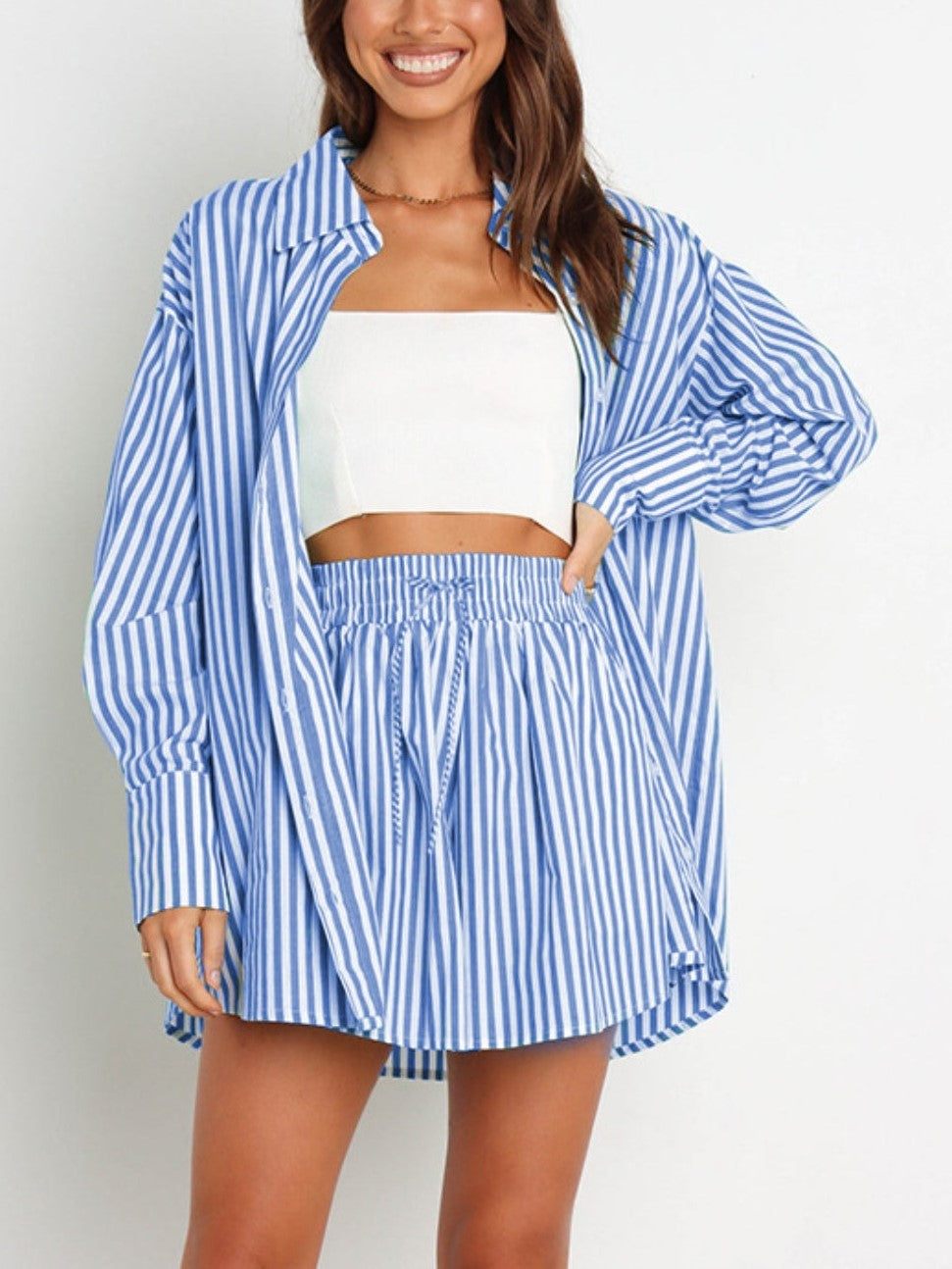 10th Anniversary Sale! HOT SALE Striped Dropped Shoulder Shirt and Shorts Set