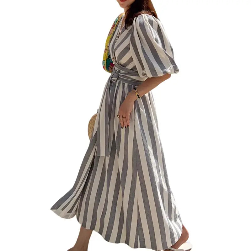 Last Day – 50% Off! 2026 Deep V Neck Puff Sleeve Striped Maxi Dress With Belt