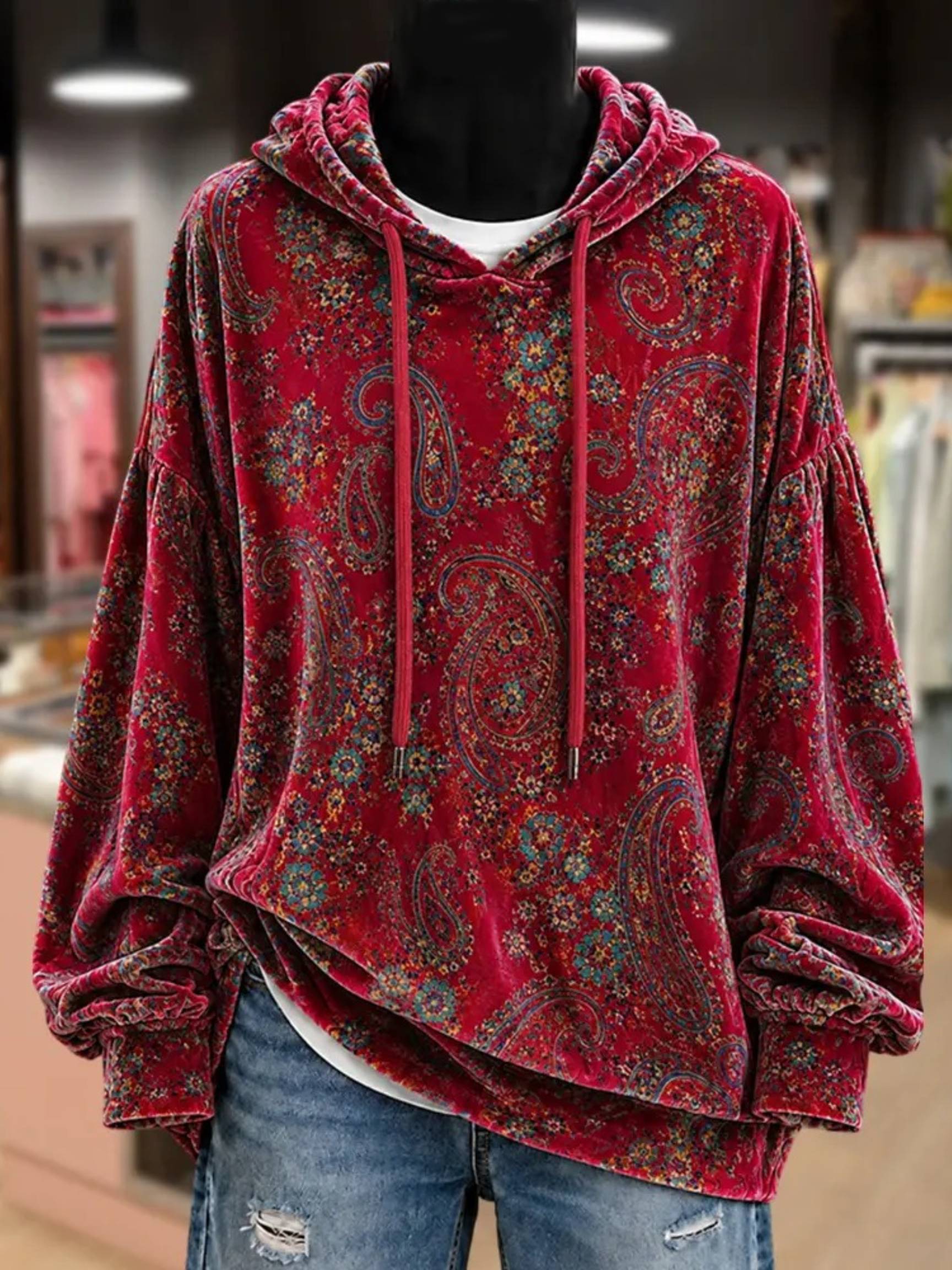 2026 Vintage Paisley Print Velvet Hoodie Top