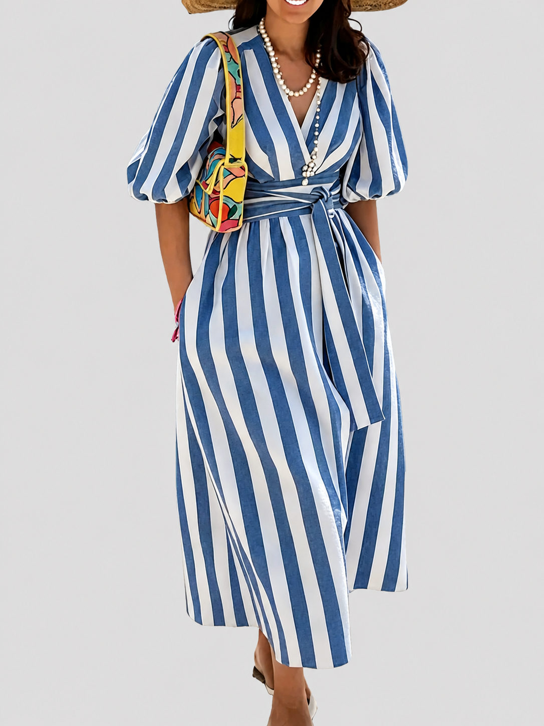 Last Day – 50% Off! 2026 Deep V Neck Puff Sleeve Striped Maxi Dress With Belt