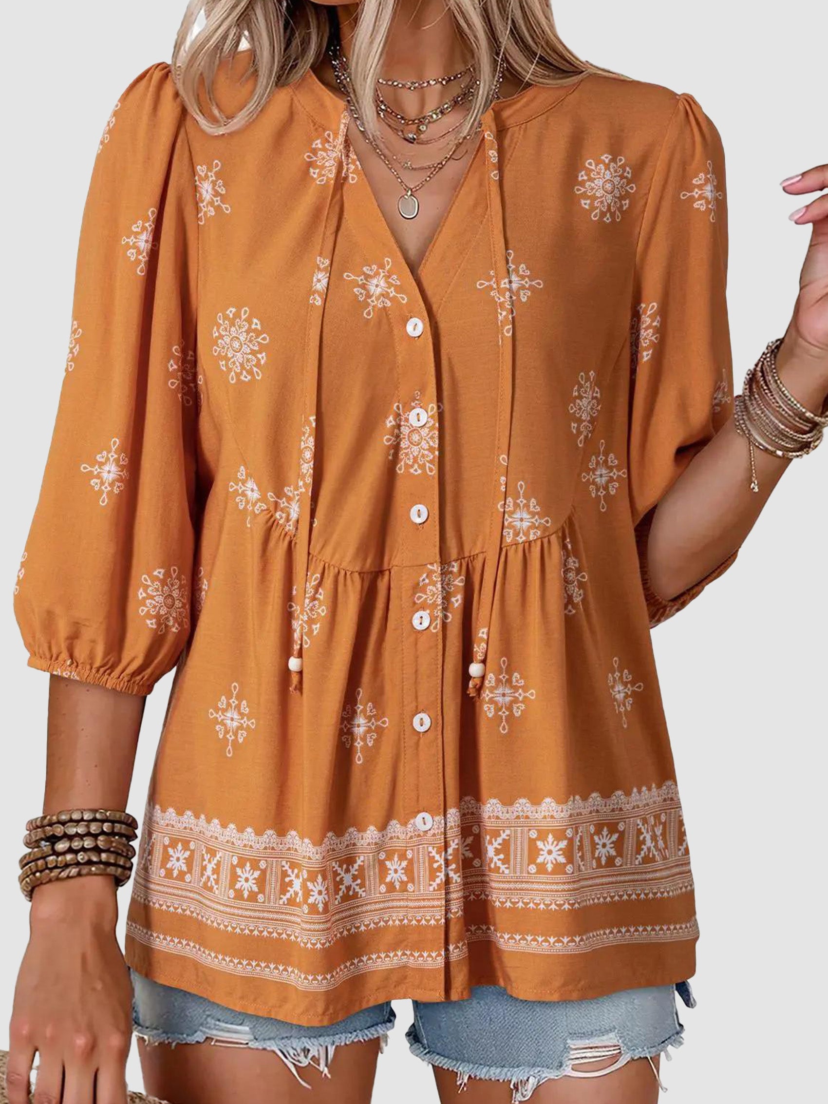 Last Day – 50% Off! 2026 🔥 Women's Boho Floral V-Neck Button-Down Peplum Blouse 