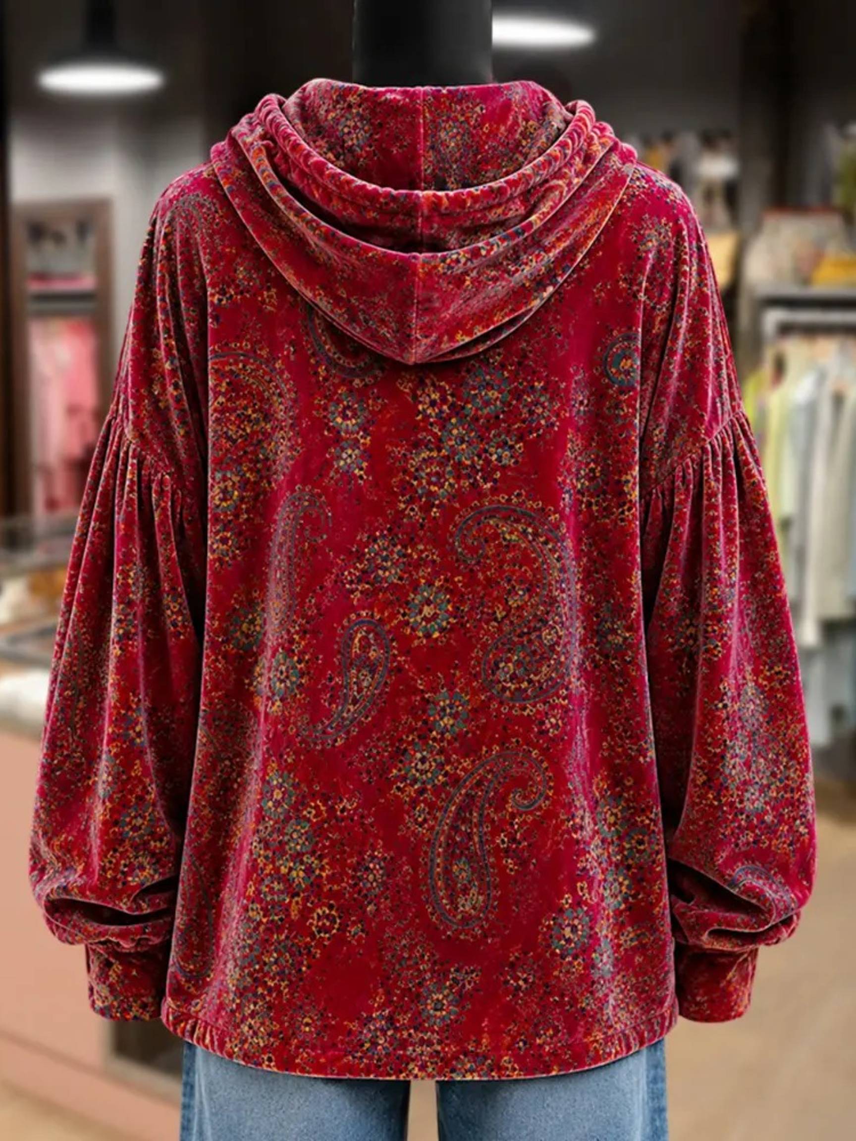 2026 Vintage Paisley Print Velvet Hoodie Top