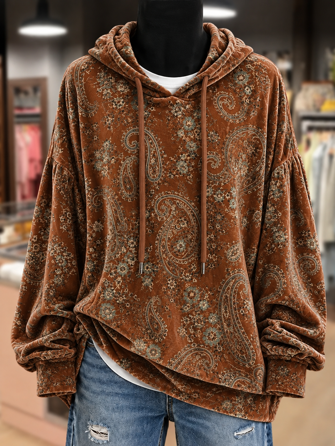 2026 Vintage Paisley Print Velvet Hoodie Top