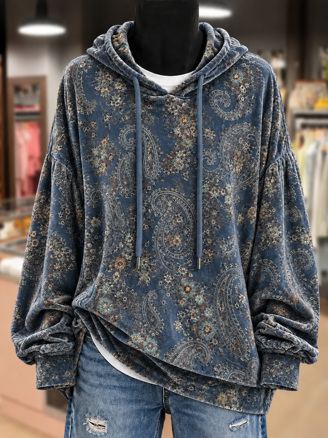 2026 Vintage Paisley Print Velvet Hoodie Top