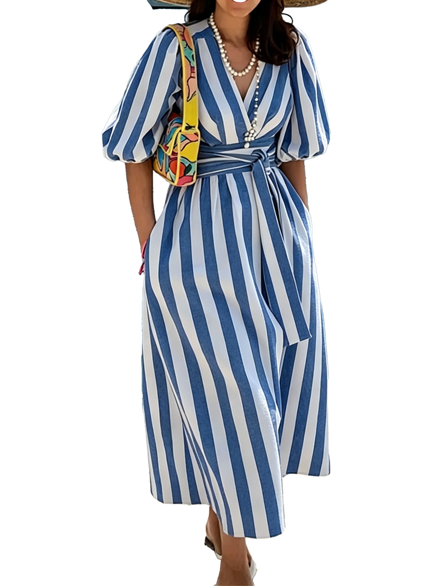 Last Day – 50% Off! 2026 Deep V Neck Puff Sleeve Striped Maxi Dress With Belt