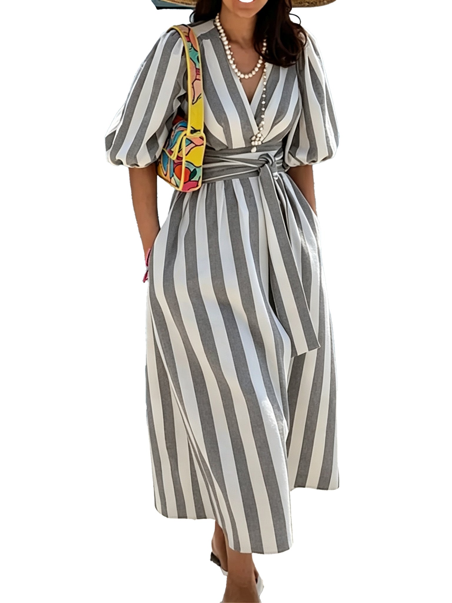 Last Day – 50% Off! 2026 Deep V Neck Puff Sleeve Striped Maxi Dress With Belt