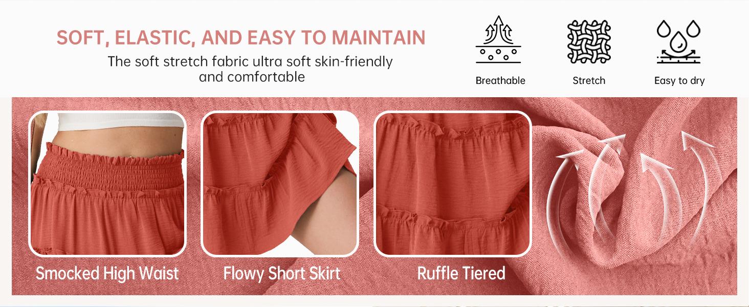 Lepunuo Women's Boho Floral Skorts, Flowy Tiered Ruffle Elastic-Waist Bottoms with Built-in Shorts and Pockets, Casual Style