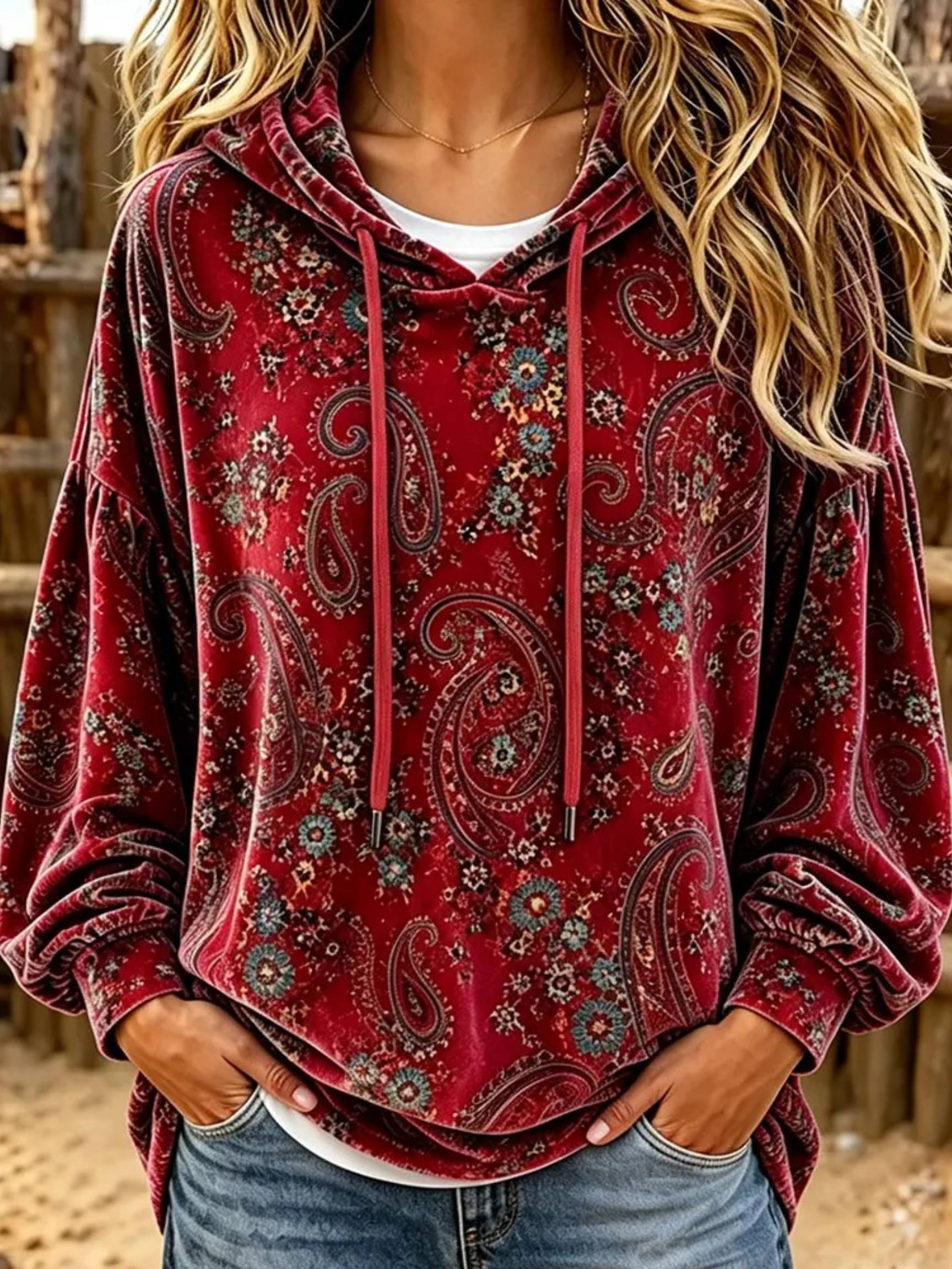 2026 Vintage Paisley Print Velvet Hoodie Top