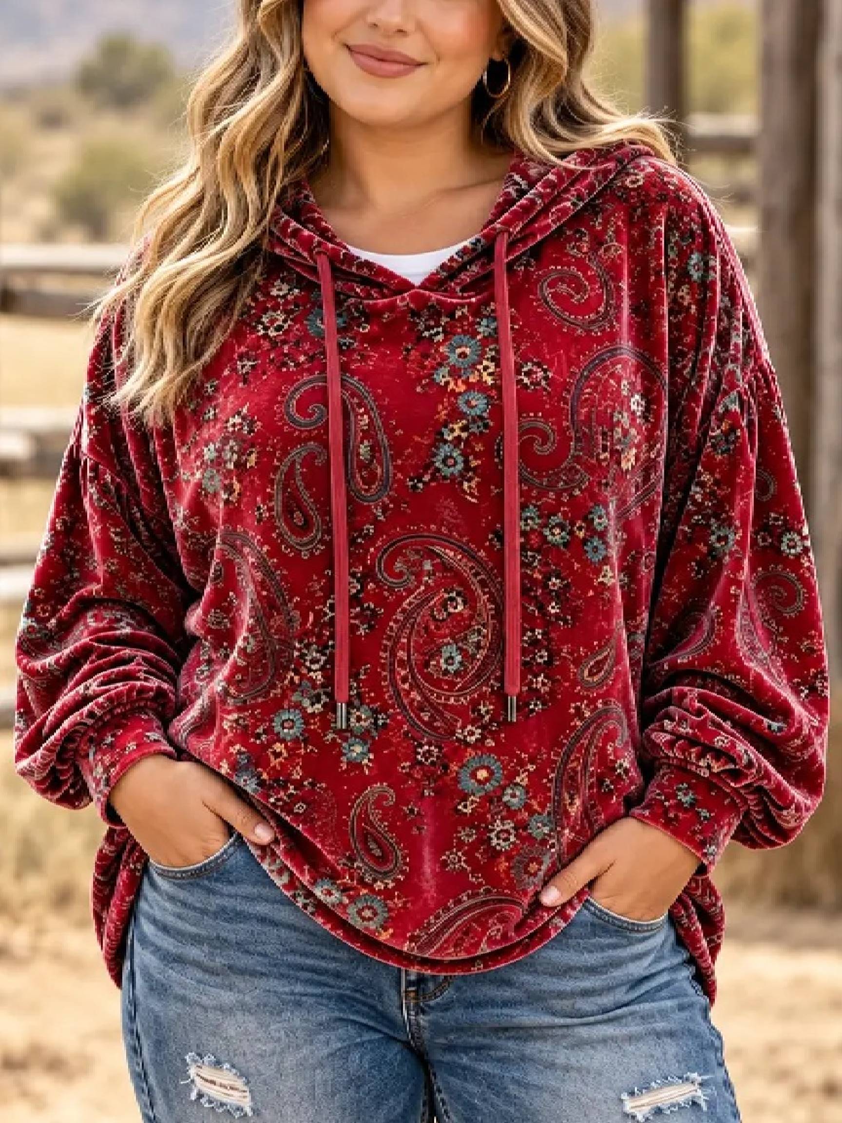 2026 Vintage Paisley Print Velvet Hoodie Top