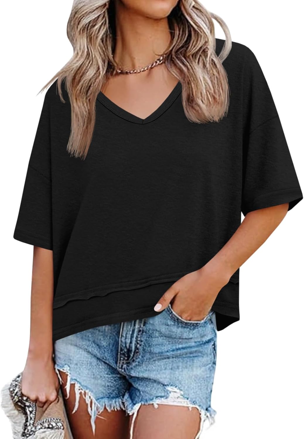 Women's V-Neck Spliced Hem Casual Top