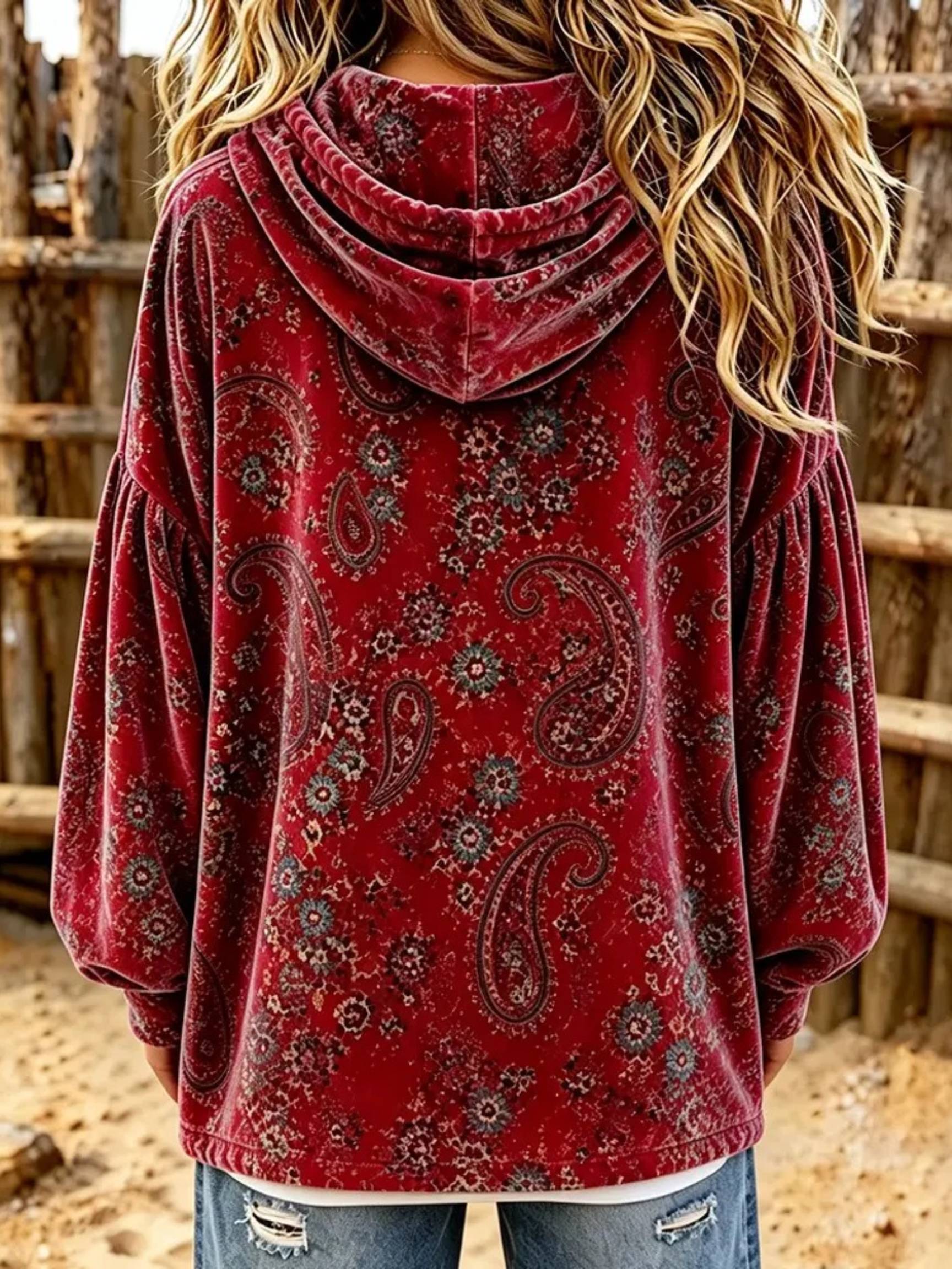 2026 Vintage Paisley Print Velvet Hoodie Top